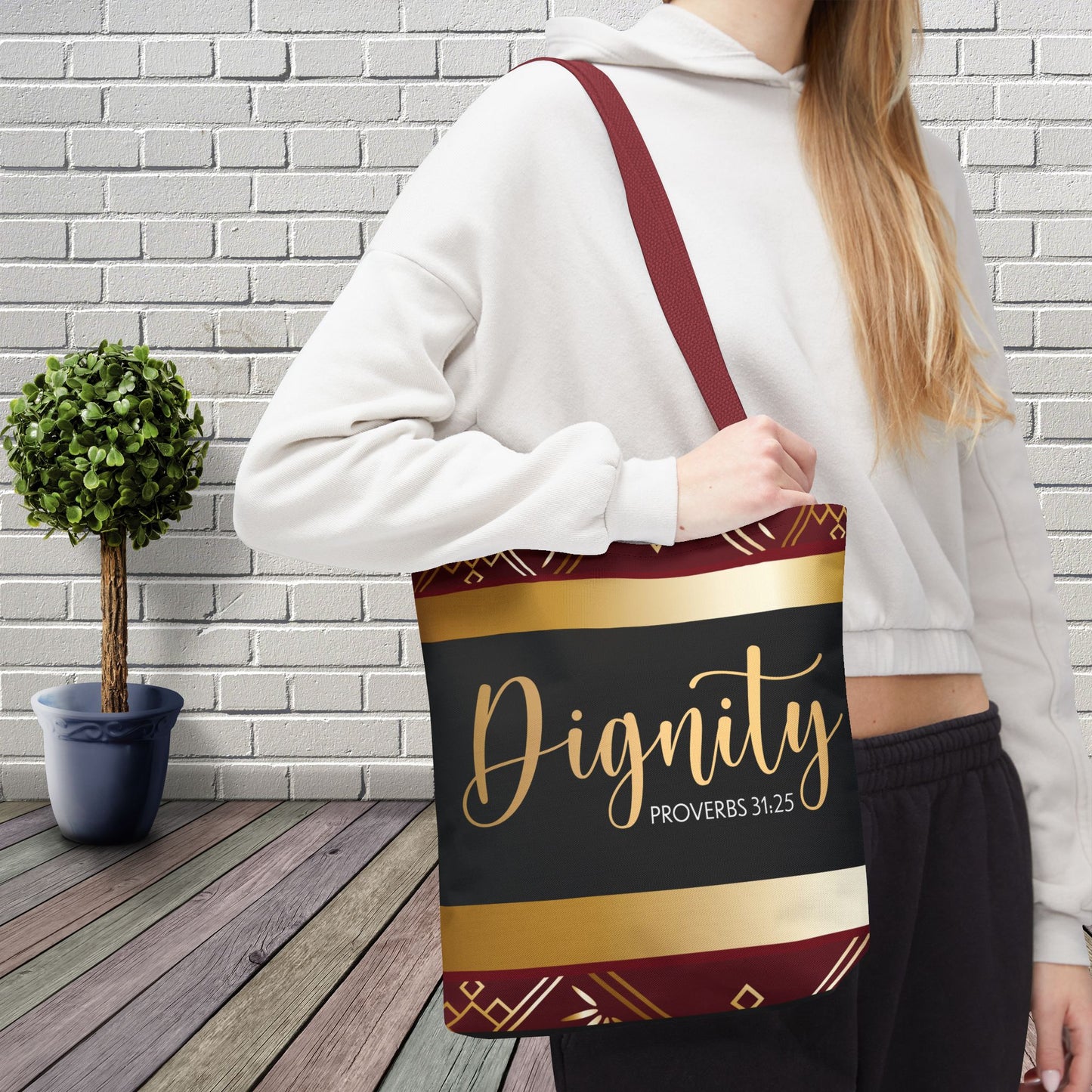 Clothed in Dignity – Proverbs 31:25 Inspirational Designer scripture Travel Bag Double sided print great for gifting and any occassion
