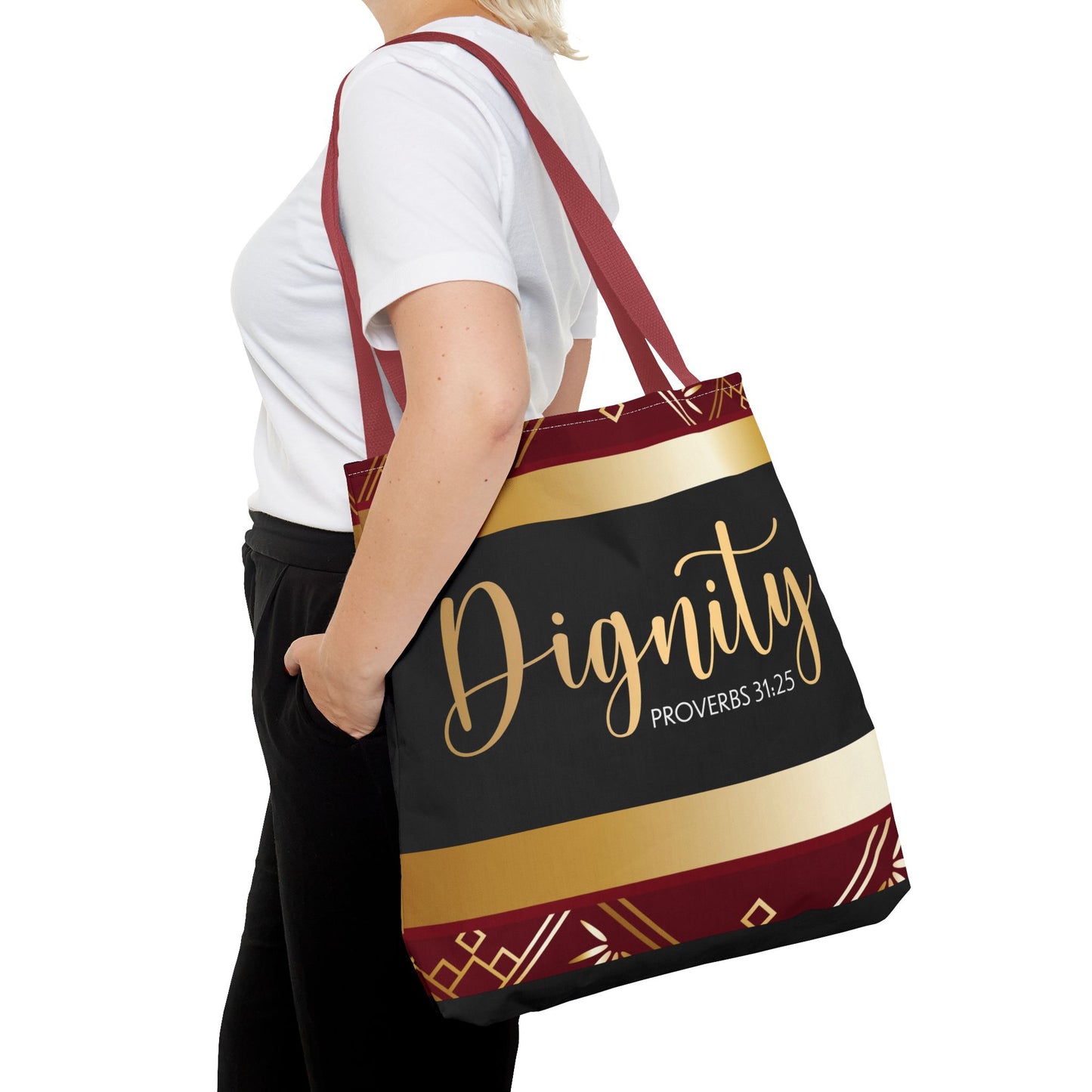 Clothed in Dignity – Proverbs 31:25 Inspirational Designer scripture Travel Bag Double sided print great for gifting and any occassion