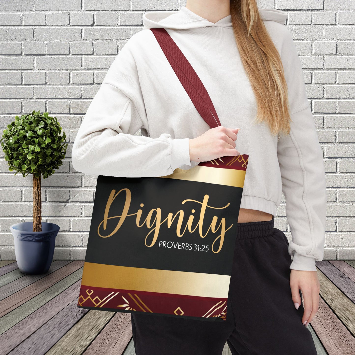 Clothed in Dignity – Proverbs 31:25 Inspirational Designer scripture Travel Bag Double sided print great for gifting and any occassion