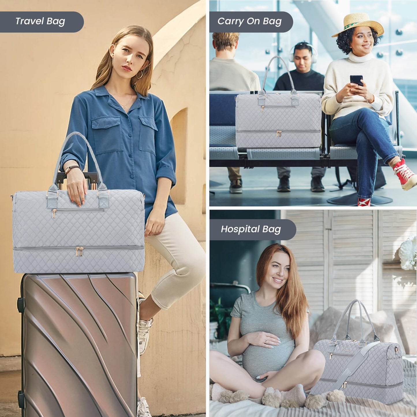 Grace in Every Journey Travel Duffle Bag for Women, with Shoe Compartment, Carry on Bag with Toiletry Bag, Gym Duffel Bag 3 Pcs Set