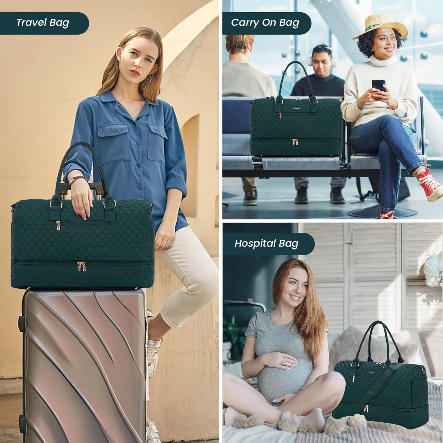 Grace in Every Journey Travel Duffle Bag for Women, with Shoe Compartment, Carry on Bag with Toiletry Bag, Gym Duffel Bag 3 Pcs Set