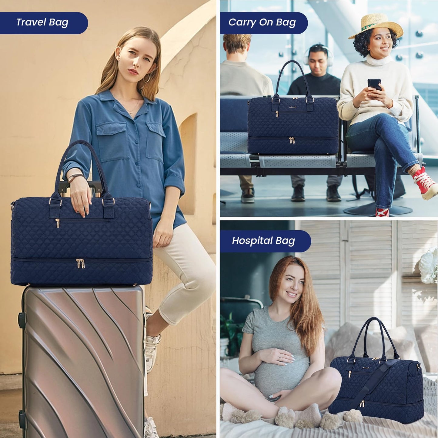 Grace in Every Journey Travel Duffle Bag for Women, with Shoe Compartment, Carry on Bag with Toiletry Bag, Gym Duffel Bag 3 Pcs Set