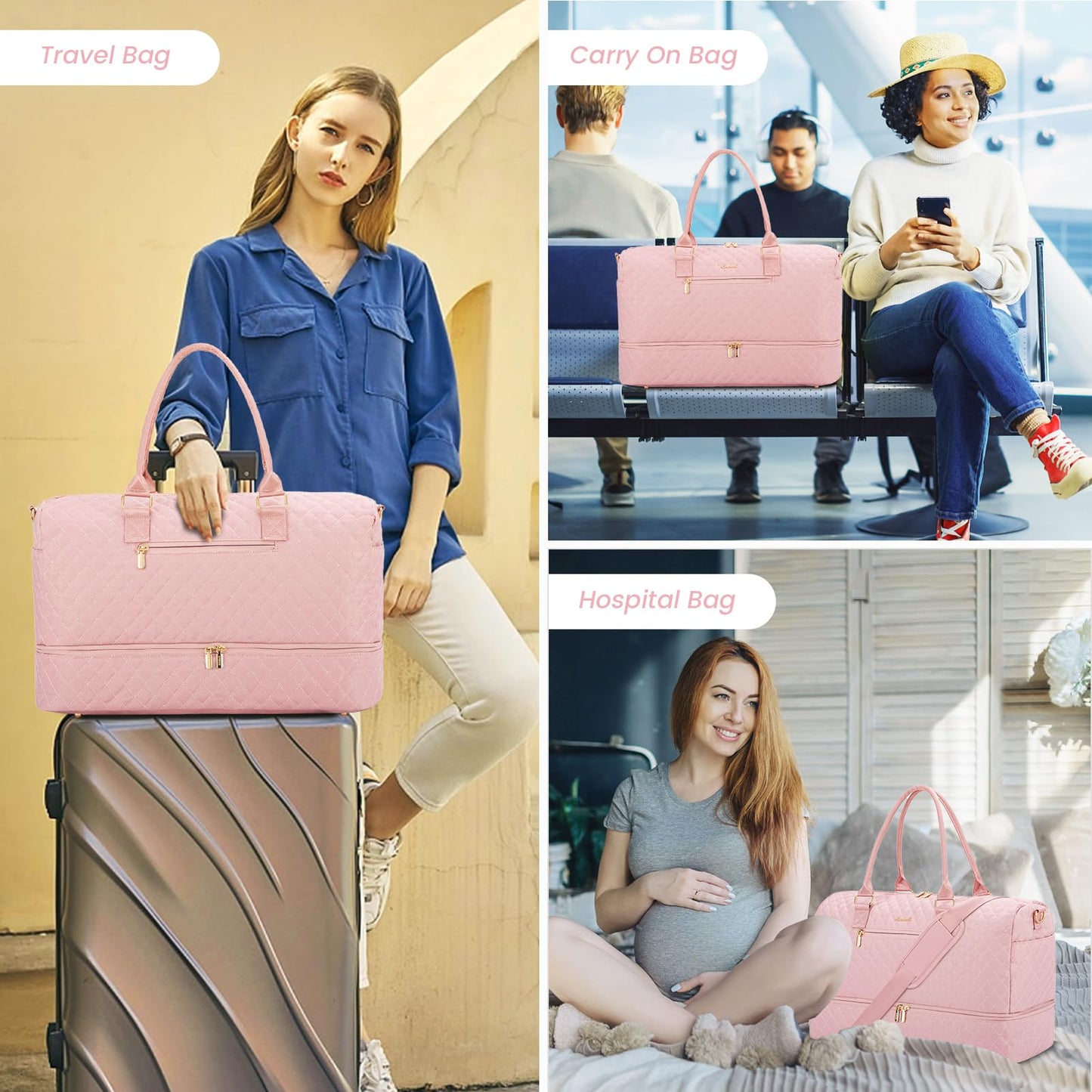 Grace in Every Journey Travel Duffle Bag for Women, with Shoe Compartment, Carry on Bag with Toiletry Bag, Gym Duffel Bag 3 Pcs Set