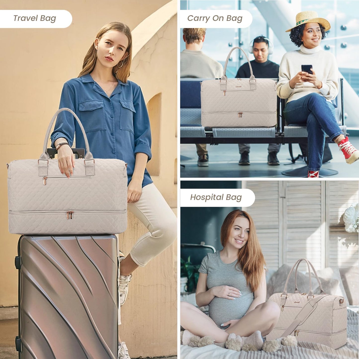 Grace in Every Journey Travel Duffle Bag for Women, with Shoe Compartment, Carry on Bag with Toiletry Bag, Gym Duffel Bag 3 Pcs Set
